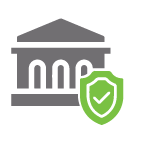 An illustration of a gray government building and a green protection shield that symbolize government insurance protection.