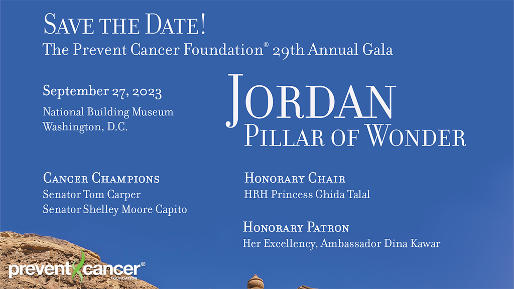 Pillar of Jordan pictured; save the date poster for the Prevent Cancer Foundation's annual gala event on September, 27 2023