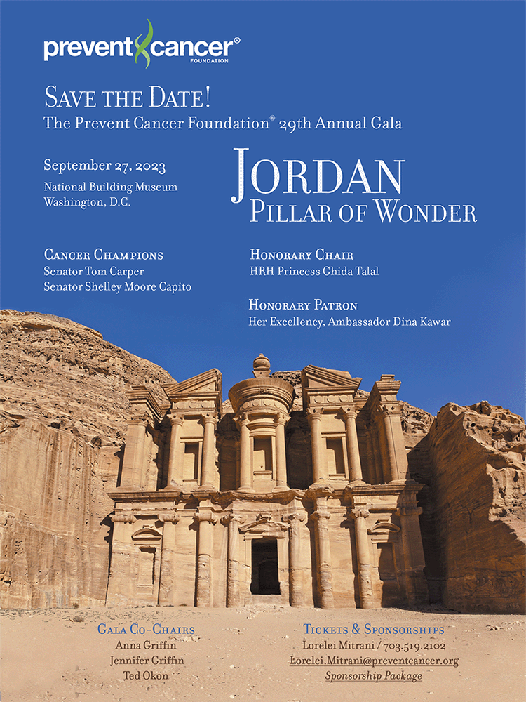 Pillar of Jordan pictured; save the date poster for the Prevent Cancer Foundation's annual gala event on September, 27 2023