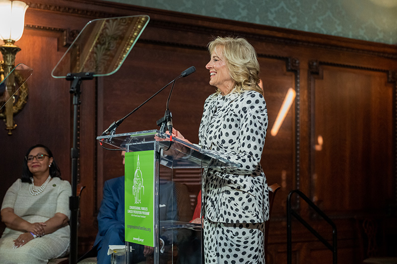 First Lady Jill Biden delivers remarks at the Congressional Families Cancer Prevention Program at the Library of Congress, Wednesday, April 19, 2023, in Washington, D.C. (Official White House Photo by Cameron Smith)