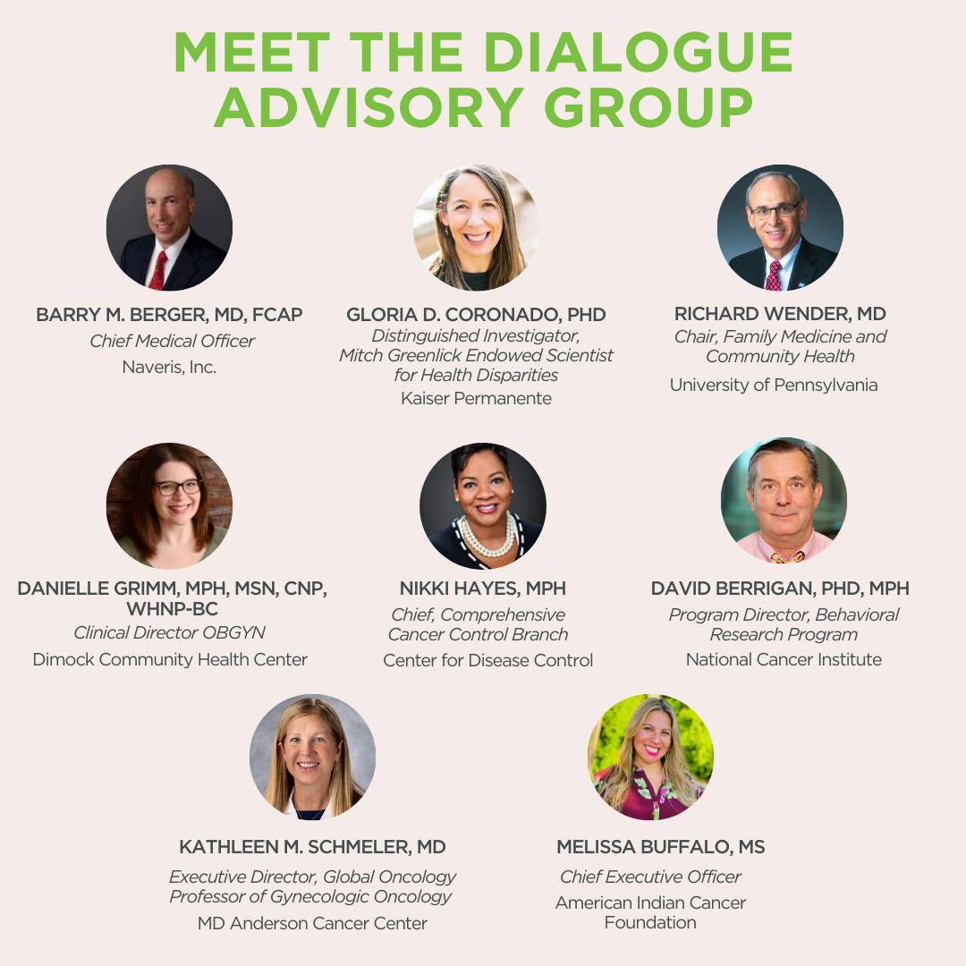 Graphic showing headshots of the Prevent Cancer Dialogue Advisory Group including: Barry M. Berger, MD, FCAP; Gloria D. Coronado, PhD; Richard Wender, MD;  Danielle Grimm, MPH, MSN, CNP, WHNP-BC; Nikki Hayes, MPH; David Berrigan, PHD, MPH; Kathleen M. Schmeler, MD; Melissa Buffalo, MS