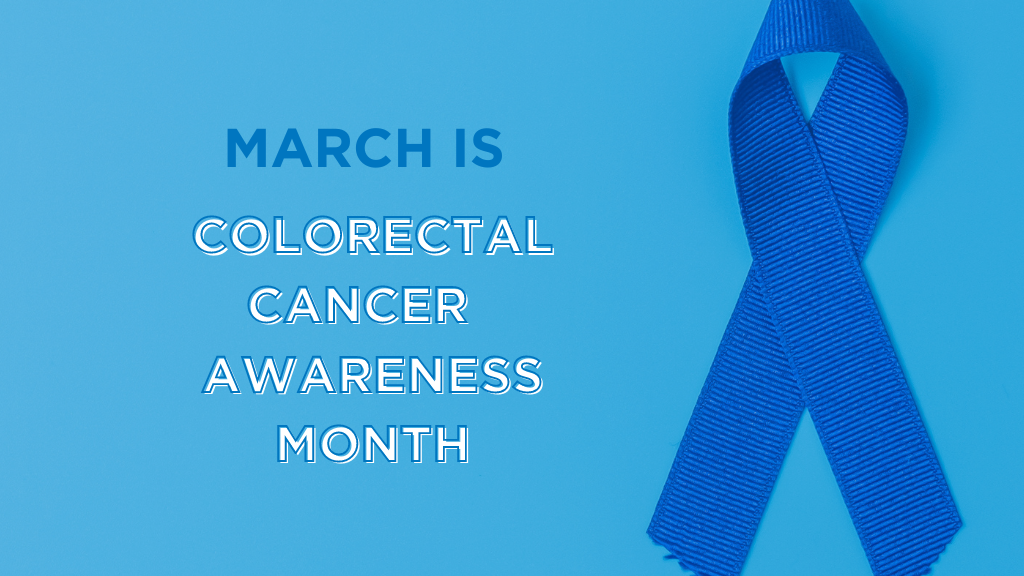 An image of a dark blue ribbon that is folded to make a loop. The text reads March is Colorectal Cancer Awareness Month