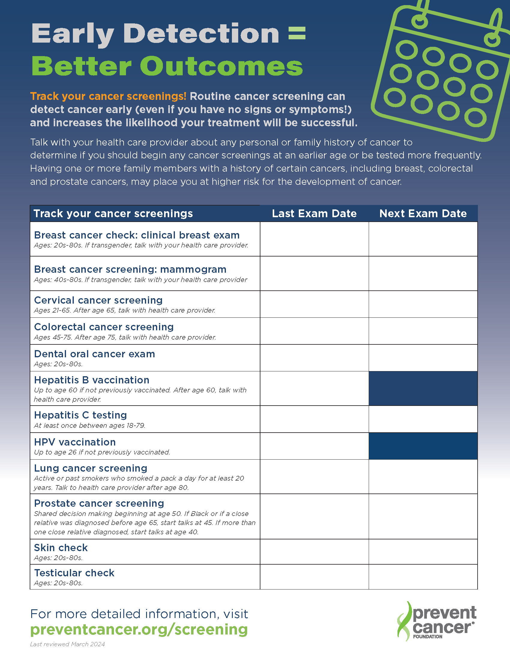 Screening & Vaccination Overview Checklist